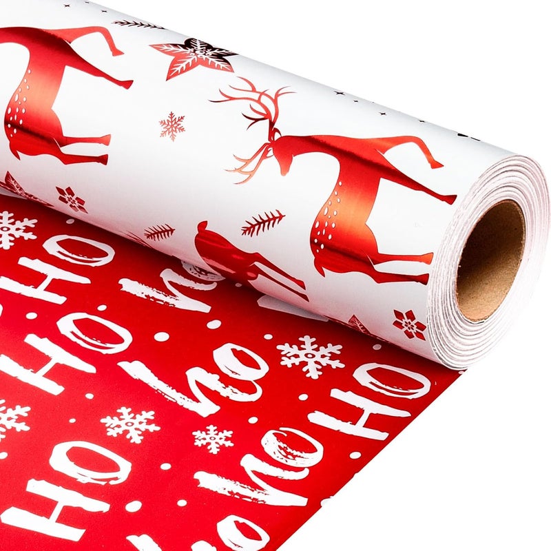 Retrify Christmas Wrapping Paper Roll - 17 Inches x 32.8 Feet - Metallic Red Reindeer HO Lettering Mini Roll Gift Wrap Paper for Winter Holiday Festive Party Celebrations - Image 2